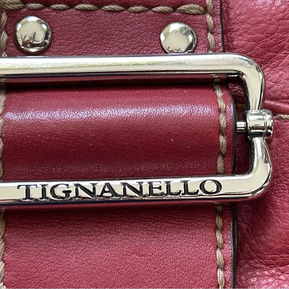 Tignanello Cherry Leather Handbag with Silver Buckle